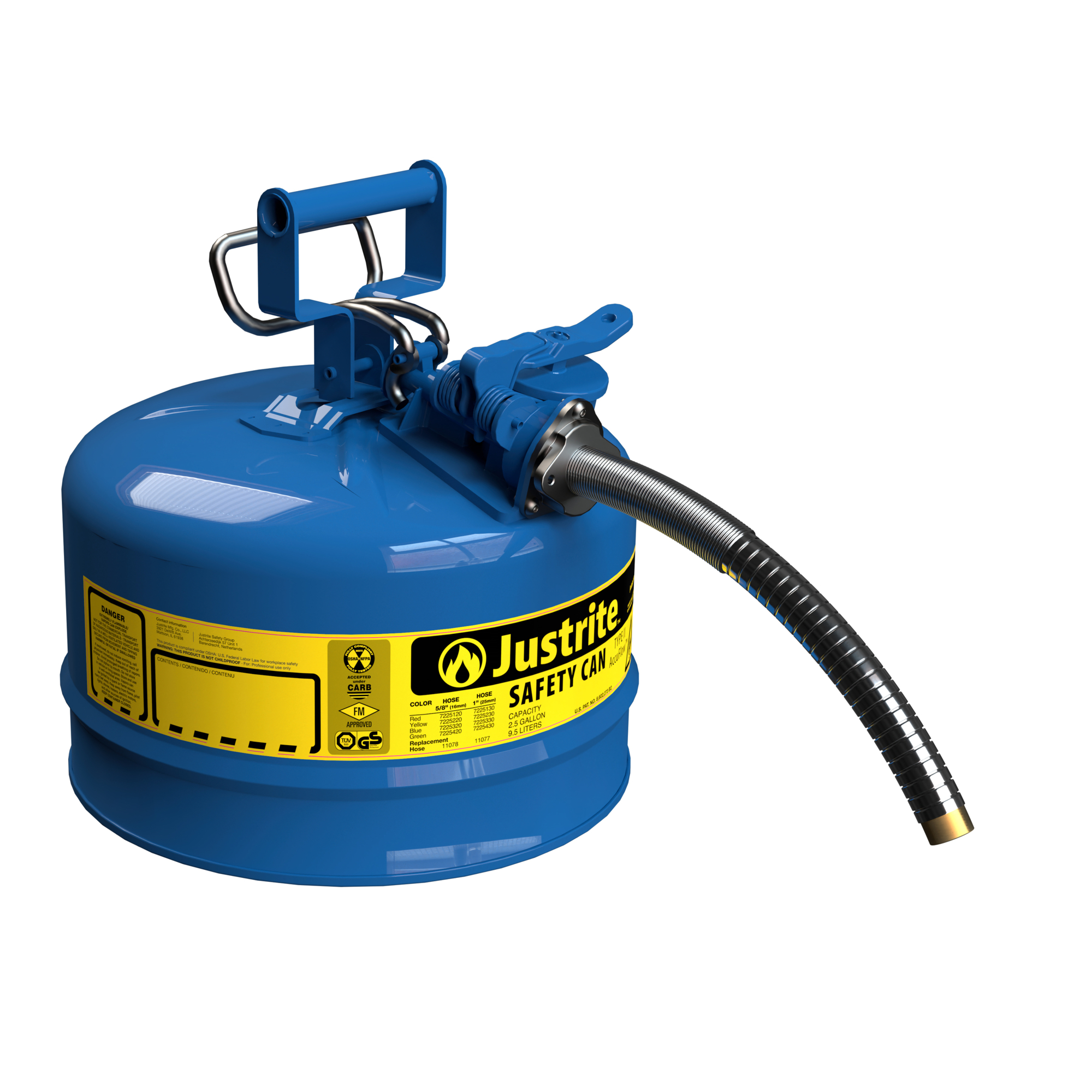 Justrite Type II Steel Safety Can for Kerosene — 2.5 Gallon, 9in. Metal Hose, AccuFlow, Blue, Model# 7225330